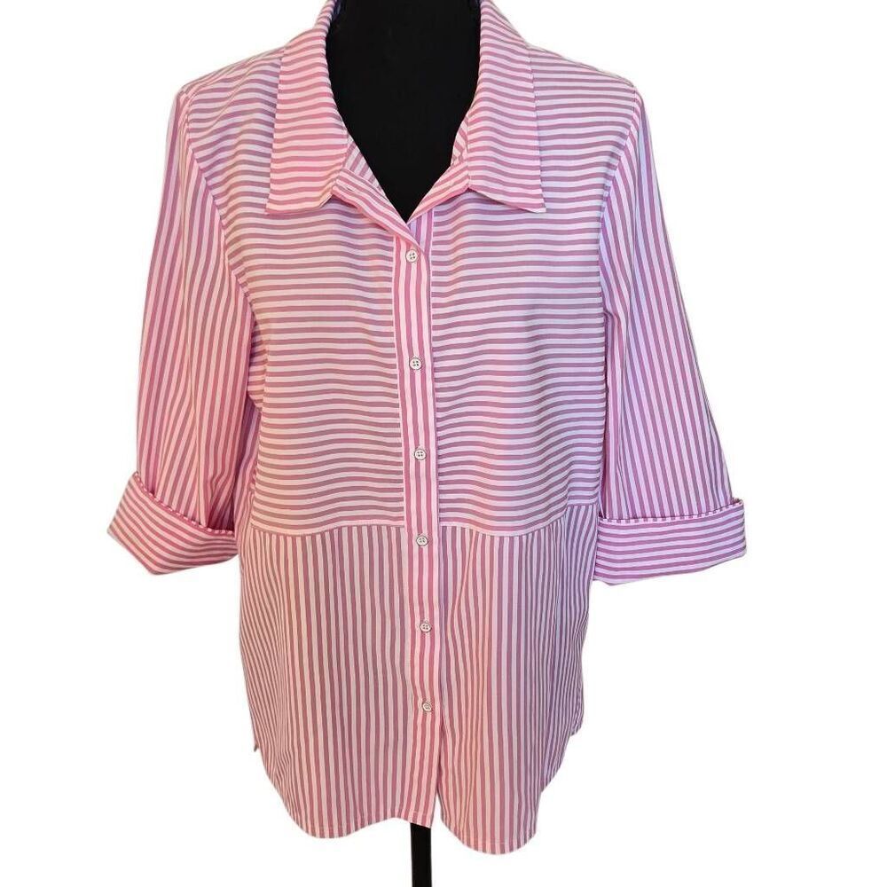 Cali Girls Womens Striped Button Front 3/4 Sleeve Blouse Pink White Size Medium